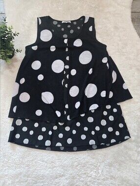 Violet Ruby Black & White Polka-Dot Double Layer Flowy Mod Sleeveless Tank, M